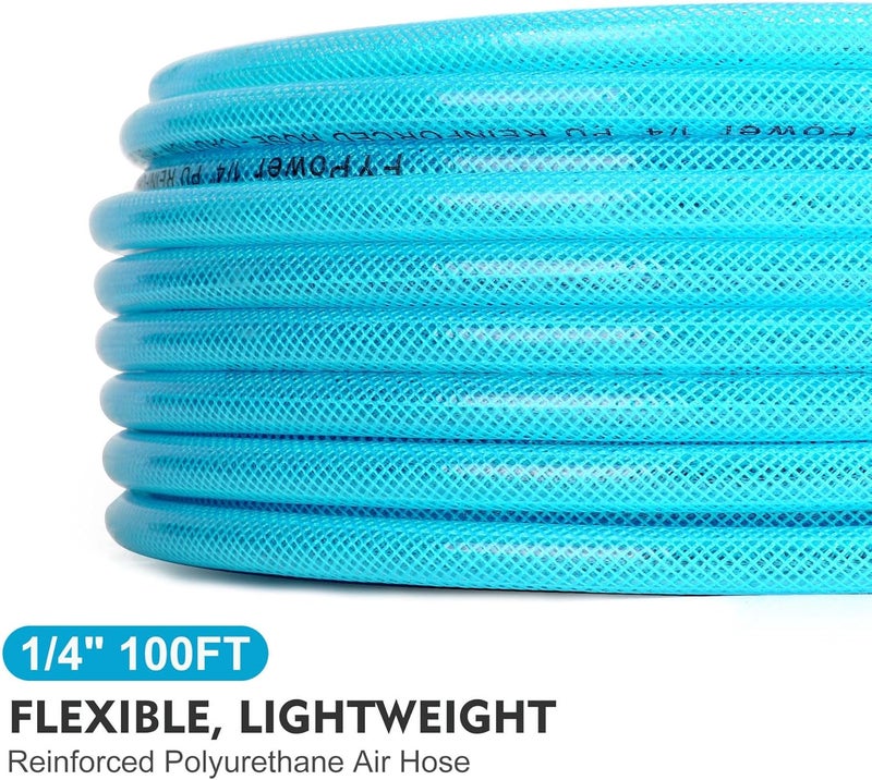 FYPower Air Compressor Hose 1/4 Inch x 100 Feet Reinforced Polyurethane (PU) Air Hose with Fittings, Bend Restrictors, 1/4" Industrial Quick Coupler and Plug Kit, Blue - Image 2